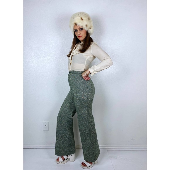 vintage 70s Green TWEED SPECKLED TROUSERS 26 wide leg trousers flares bellbottom - Picture 3 of 10